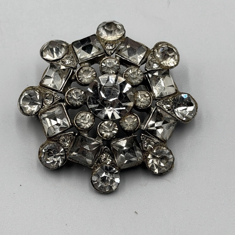 Vtg Silver Tone Clear Rhinestone Sunburst Brooch Round Pin 1.5" Old Hollywood